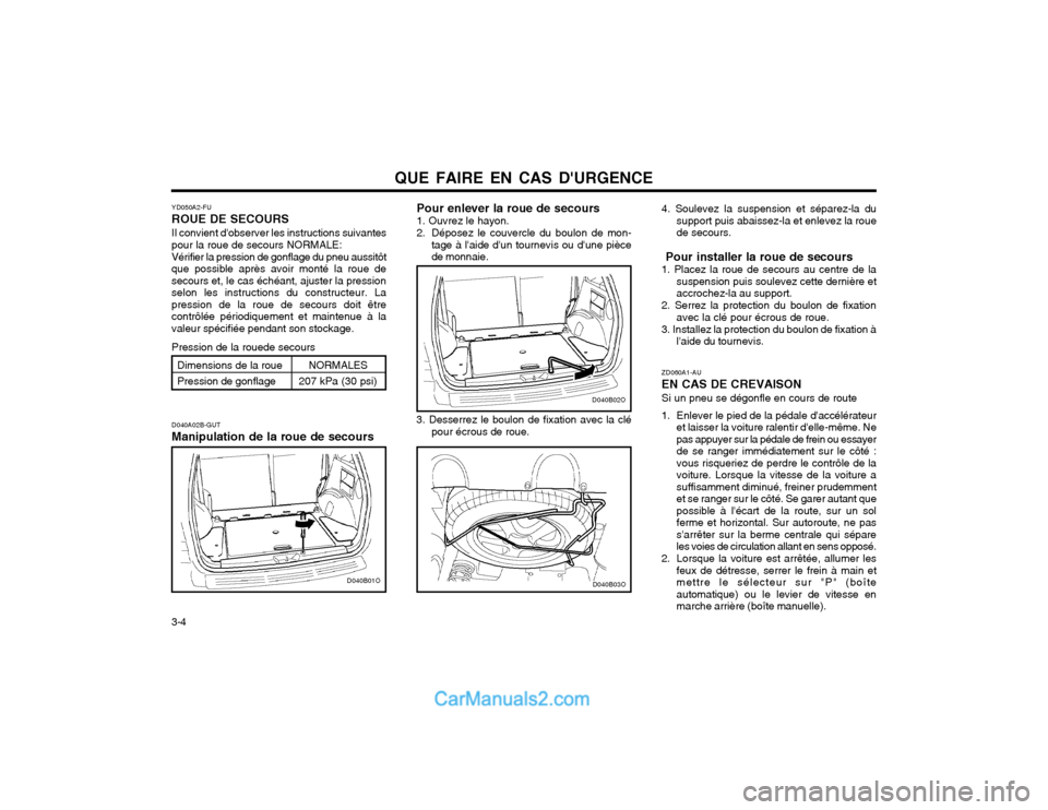 Hyundai Santa Fe 2003  Manuel du propriétaire (in French) QUE FAIRE EN CAS DURGENCE
3-4 4. Soulevez la suspension et séparez-la du
support puis abaissez-la et enlevez la roue de secours.
 Pour installer la roue de secours
1. Placez la roue de secours au ce