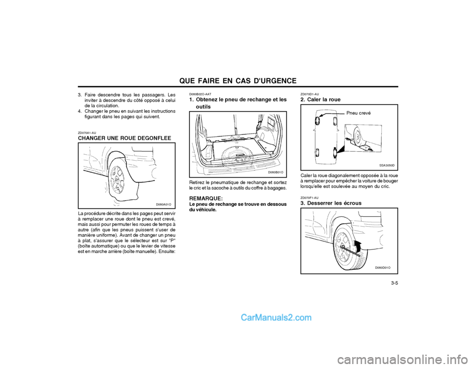 Hyundai Santa Fe 2003  Manuel du propriétaire (in French) QUE FAIRE EN CAS DURGENCE  3-5
3. Faire descendre tous les passagers. Les
inviter à descendre du côté opposé à celui de la circulation.
4. Changer le pneu en suivant les instructions figurant da