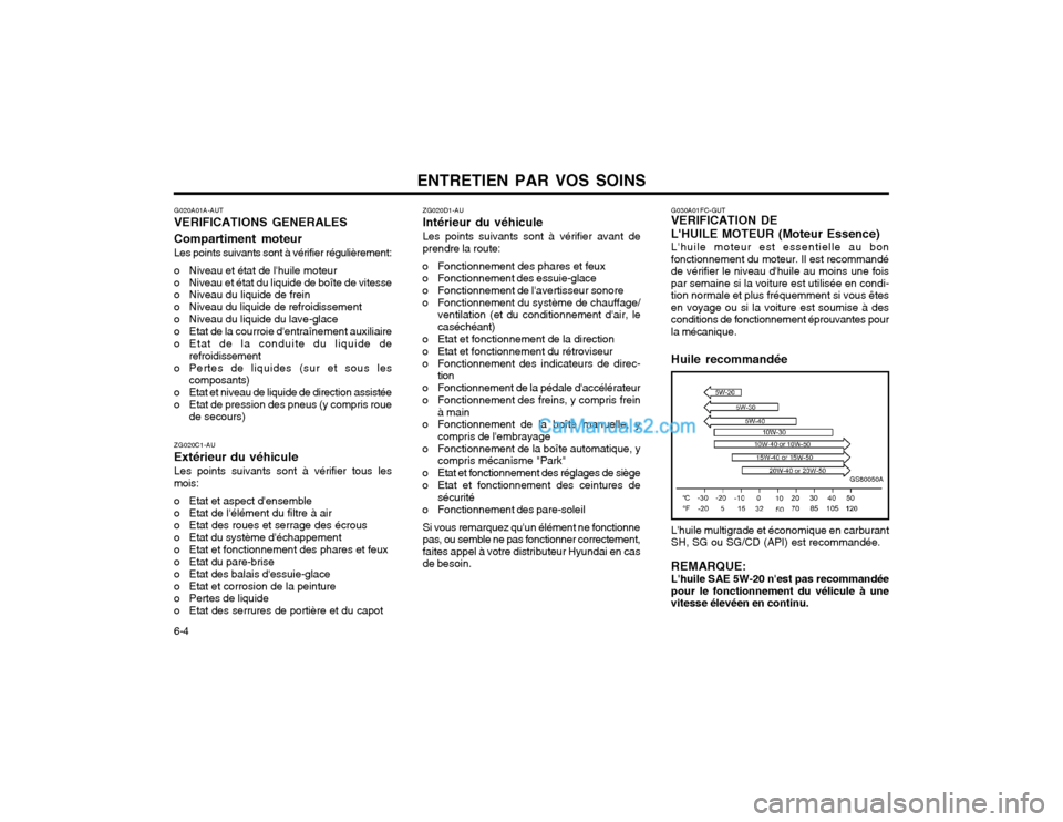 Hyundai Santa Fe 2003  Manuel du propriétaire (in French) ENTRETIEN PAR VOS SOINS
6-4 G020A01A-AUT VERIFICATIONS GENERALES Compartiment moteur Les points suivants sont à vérifier régulièrement:
o Niveau et état de lhuile moteur 
o Niveau et état du li