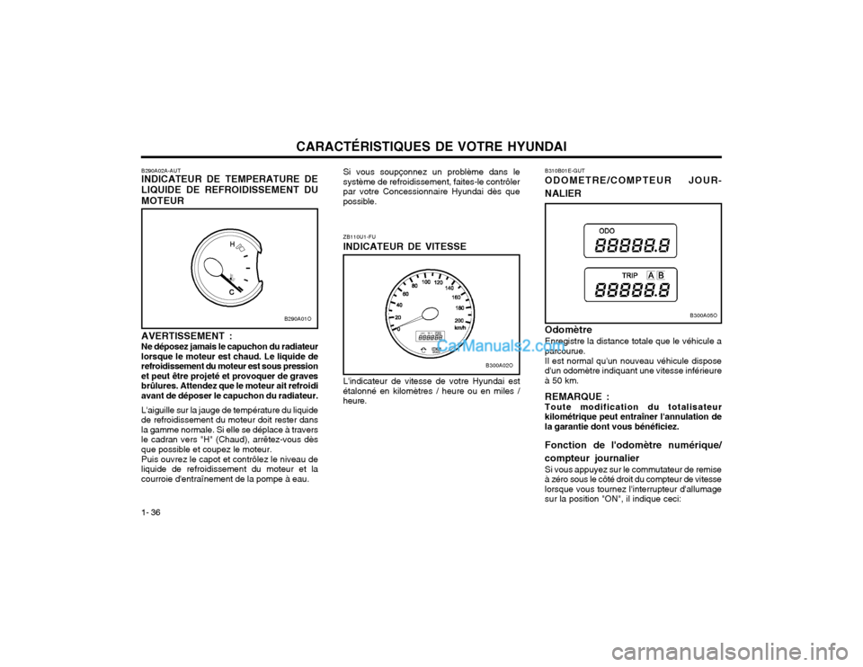 Hyundai Santa Fe 2003  Manuel du propriétaire (in French) CARACTÉRISTIQUES DE VOTRE HYUNDAI
1- 36 B310B01E-GUT ODOMETRE/COMPTEUR JOUR- NALIER Odomètre Enregistre la distance totale que le véhicule a parcourue. Il est normal quun nouveau véhicule dispose