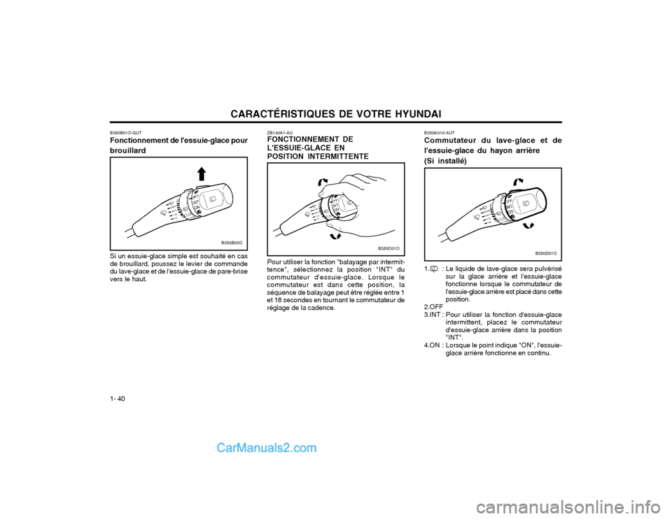 Hyundai Santa Fe 2003  Manuel du propriétaire (in French) CARACTÉRISTIQUES DE VOTRE HYUNDAI
1- 40 B350A010-AUT Commutateur du lave-glace et de lessuie-glace du hayon arrière (Si installé)
1. : Le liquide de lave-glace sera pulvérisé sur la glace arriè