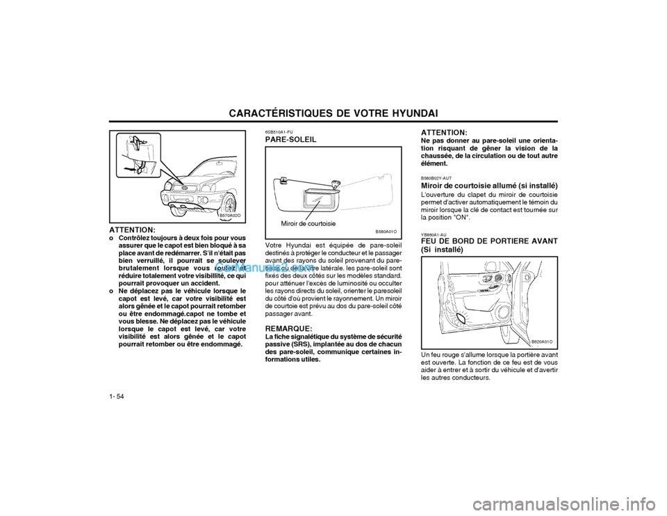 Hyundai Santa Fe 2003  Manuel du propriétaire (in French) CARACTÉRISTIQUES DE VOTRE HYUNDAI
1- 54 ATTENTION: Ne pas donner au pare-soleil une orienta- tion risquant de gêner la vision de lachaussée, de la circulation ou de tout autreélément. B580B02Y-AU