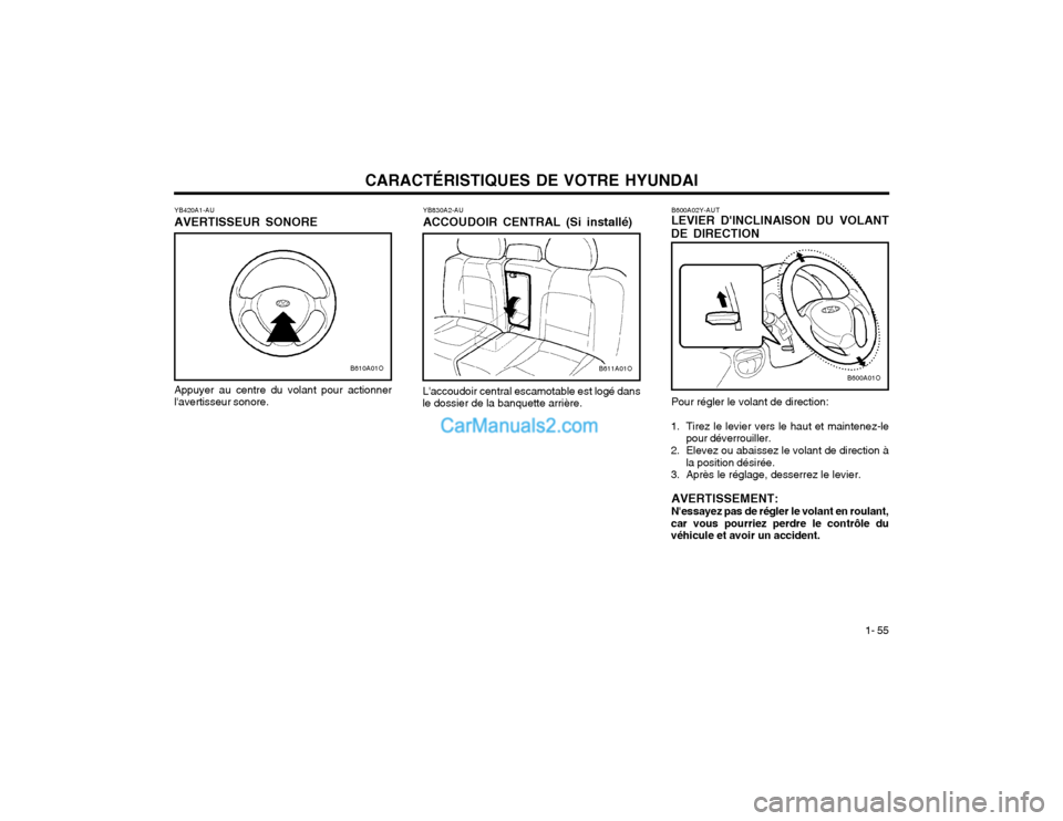 Hyundai Santa Fe 2003  Manuel du propriétaire (in French) CARACTÉRISTIQUES DE VOTRE HYUNDAI1- 55
YB420A1-AU AVERTISSEUR SONORE Appuyer au centre du volant pour actionner lavertisseur sonore.
B610A01O
YB830A2-AU ACCOUDOIR CENTRAL (Si installé)
Laccoudoir 