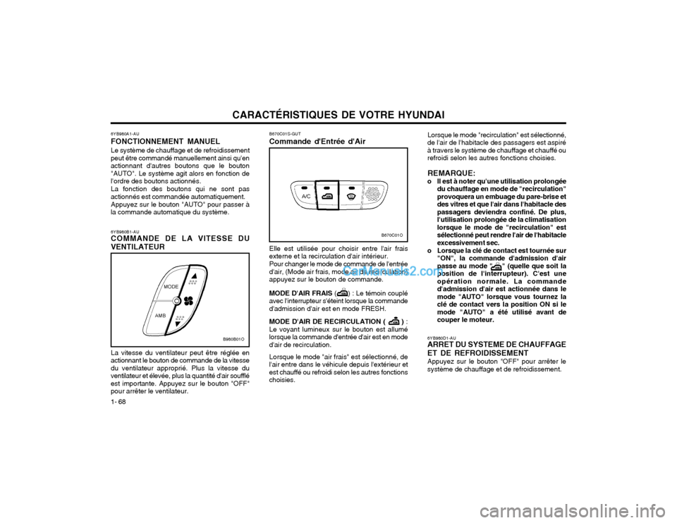 Hyundai Santa Fe 2003  Manuel du propriétaire (in French) CARACTÉRISTIQUES DE VOTRE HYUNDAI
1- 68 6YB980A1-AU FONCTIONNEMENT MANUELLe système de chauffage et de refroidissement
peut être commandé manuellement ainsi quen actionnant dautres boutons que l