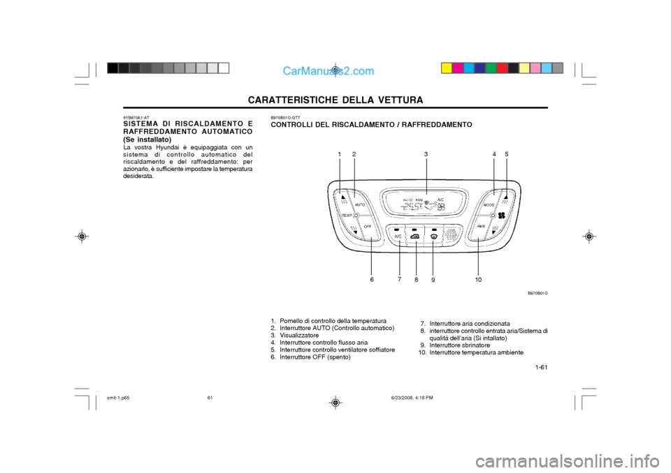 Hyundai Santa Fe 2003  Manuale del proprietario (in Italian) CARATTERISTICHE DELLA VETTURA  1-61
B970B01O-GTT CONTROLLI DEL RISCALDAMENTO / RAFFREDDAMENTO
1. Pomello di controllo della temperatura 
2. Interruttore AUTO (Controllo automatico) 
3. Visualizzatore
