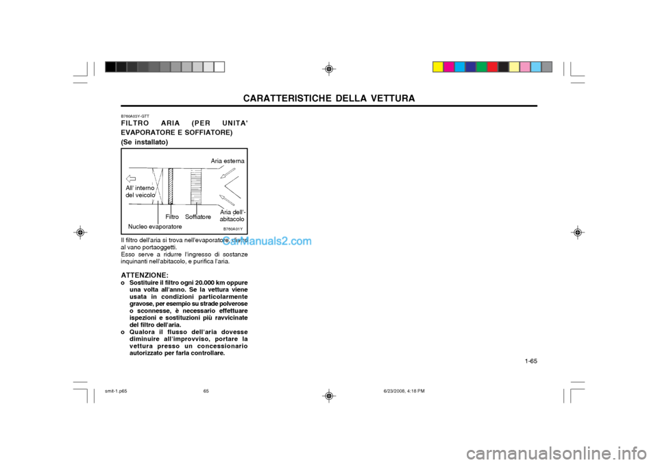 Hyundai Santa Fe 2003  Manuale del proprietario (in Italian) CARATTERISTICHE DELLA VETTURA  1-65
B760A03Y-GTT FILTRO ARIA (PER UNITA
EVAPORATORE E SOFFIATORE)
(Se installato)
B760A01Y
Filtro Soffiatore
All interno del veicolo Aria esterna
Aria dell-
abitacol