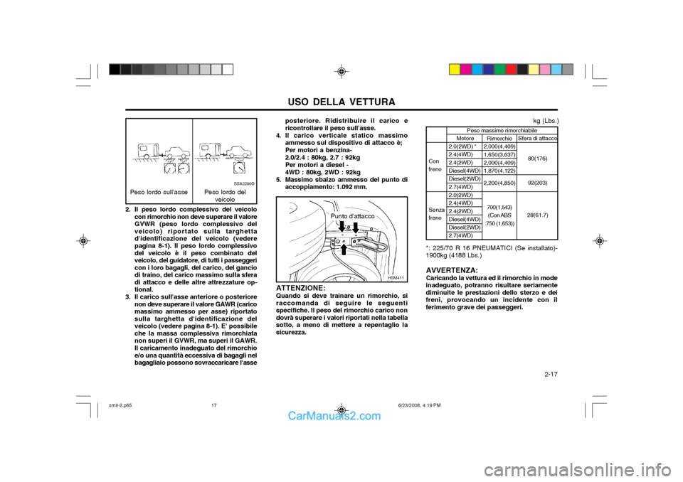 Hyundai Santa Fe 2003  Manuale del proprietario (in Italian) USO DELLA VETTURA  2-17
2. Il peso lordo complessivo del veicolocon rimorchio non deve superare il valore GVWR (peso lordo complessivo delveicolo) riportato sulla targhettadidentificazione del veicol