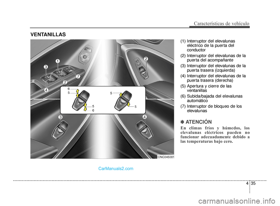 Hyundai Santa Fe Sport 2018  Manual del propietario (in Spanish) 435
Características de vehículo
(1) Interruptor del elevalunaseléctrico de la puerta del
conductor
(2) Interruptor del elevalunas de la puerta del acompañante
(3) Interruptor del elevalunas de la 