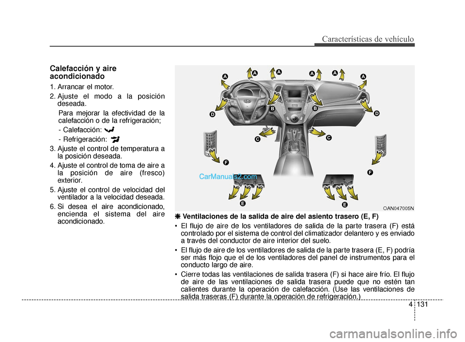 Hyundai Santa Fe Sport 2018 Manual del propietario (in Spanish) 4131
Características de vehículo
Calefacción y aire
acondicionado
1. Arrancar el motor.
2. Ajuste el modo a la posicióndeseada.
Para mejorar la efectividad de la
calefacción o de la refrigeració Hyundai Santa Fe Sport 2018 Manual del propietario (in Spanish) 4131
Características de vehículo
Calefacción y aire
acondicionado
1. Arrancar el motor.
2. Ajuste el modo a la posicióndeseada.
Para mejorar la efectividad de la
calefacción o de la refrigeració