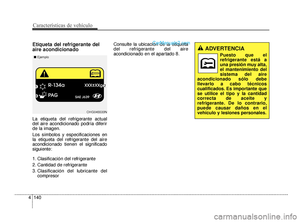 Hyundai Santa Fe Sport 2018  Manual del propietario (in Spanish) Características de vehículo
140
4
Etiqueta del refrigerante del
aire acondicionado
La etiqueta del refrigerante actual
del aire acondicionado podría diferir
de la imagen.
Los símbolos y especifica