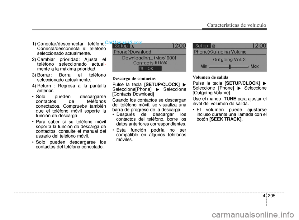 Hyundai Santa Fe Sport 2018 Manual del propietario (in Spanish) 4205
Características de vehículo
1) Conectar/desconectar teléfono:Conecta/desconecta el teléfono
seleccionado actualmente.
2) Cambiar prioridad: Ajusta el teléfono seleccionado actual -
mente a l Hyundai Santa Fe Sport 2018 Manual del propietario (in Spanish) 4205
Características de vehículo
1) Conectar/desconectar teléfono:Conecta/desconecta el teléfono
seleccionado actualmente.
2) Cambiar prioridad: Ajusta el teléfono seleccionado actual -
mente a l