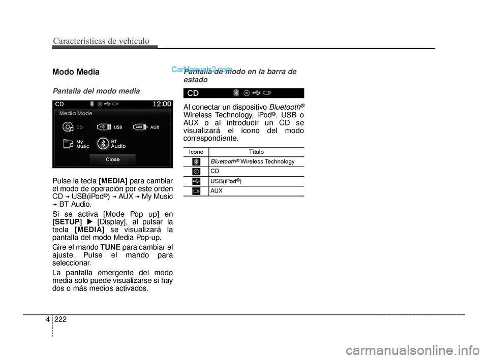 Hyundai Santa Fe Sport 2018  Manual del propietario (in Spanish) Características de vehículo
222
4
Modo Media
Pantalla del modo media
Pulse la tecla [MEDIA]  para cambiar
el modo de operación por este orden
CD 
➟USB(iPod®) ➟AUX ➟My Music
➟BT Audio.
Si s