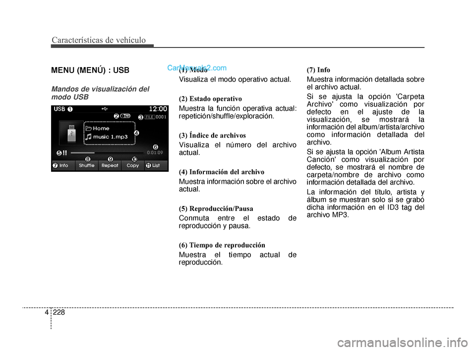 Hyundai Santa Fe Sport 2018 Manual del propietario (in Spanish) Características de vehículo
228
4
MENU (MENÚ) : USB
Mandos de visualización del
modo USB
(1) Modo
Visualiza el modo operativo actual.
(2) Estado operativo
Muestra la función operativa actual:
rep Hyundai Santa Fe Sport 2018 Manual del propietario (in Spanish) Características de vehículo
228
4
MENU (MENÚ) : USB
Mandos de visualización del
modo USB
(1) Modo
Visualiza el modo operativo actual.
(2) Estado operativo
Muestra la función operativa actual:
rep