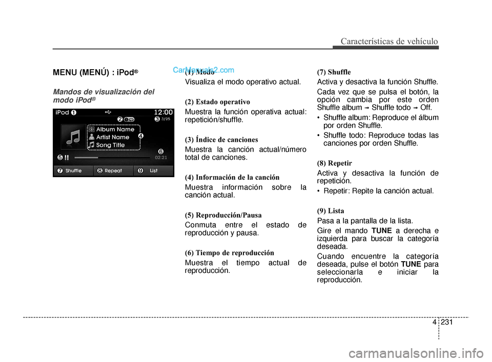 Hyundai Santa Fe Sport 2018 Manual del propietario (in Spanish) 4231
Características de vehículo
MENU (MENÚ) : iPod®
Mandos de visualización delmodo iPod®
(1) Modo
Visualiza el modo operativo actual.
(2) Estado operativo
Muestra la función operativa actual: Hyundai Santa Fe Sport 2018 Manual del propietario (in Spanish) 4231
Características de vehículo
MENU (MENÚ) : iPod®
Mandos de visualización delmodo iPod®
(1) Modo
Visualiza el modo operativo actual.
(2) Estado operativo
Muestra la función operativa actual: