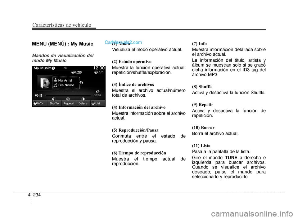 Hyundai Santa Fe Sport 2018 Manual del propietario (in Spanish) Características de vehículo
234
4
MENU (MENÚ) : My Music
Mandos de visualización del
modo My Music
(1) Modo
Visualiza el modo operativo actual.
(2) Estado operativo
Muestra la función operativa a Hyundai Santa Fe Sport 2018 Manual del propietario (in Spanish) Características de vehículo
234
4
MENU (MENÚ) : My Music
Mandos de visualización del
modo My Music
(1) Modo
Visualiza el modo operativo actual.
(2) Estado operativo
Muestra la función operativa a