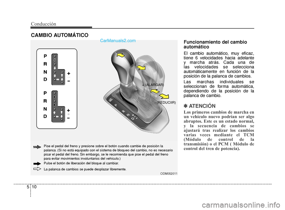 Hyundai Santa Fe Sport 2018  Manual del propietario (in Spanish) Conducción
10
5
Funcionamiento del cambio
automático
El cambio automático, muy eficaz,
tiene 6 velocidades hacia adelante 
y marcha atrás. Cada una de 
las velocidades se selecciona
automáticamen