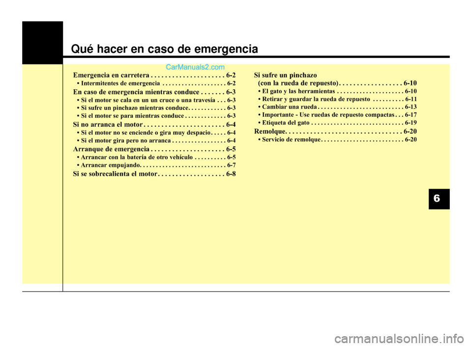 Hyundai Santa Fe Sport 2018 Manual del propietario (in Spanish) Qué hacer en caso de emergencia
Emergencia en carretera . . . . . . . . . . . . . . . . . . . . . 6-2
• Intermitentes de emergencia . . . . . . . . . . . . . . . . . . . . 6-2
En caso de emergencia Hyundai Santa Fe Sport 2018 Manual del propietario (in Spanish) Qué hacer en caso de emergencia
Emergencia en carretera . . . . . . . . . . . . . . . . . . . . . 6-2
• Intermitentes de emergencia . . . . . . . . . . . . . . . . . . . . 6-2
En caso de emergencia