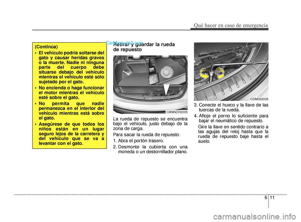 Hyundai Santa Fe Sport 2018  Manual del propietario (in Spanish) 611
Qué hacer en caso de emergencia
Retirar y guardar la rueda 
de repuesto
La rueda de repuesto se encuentra
bajo el vehículo, justo debajo de la
zona de carga.
Para sacar la rueda de repuesto:
1. 