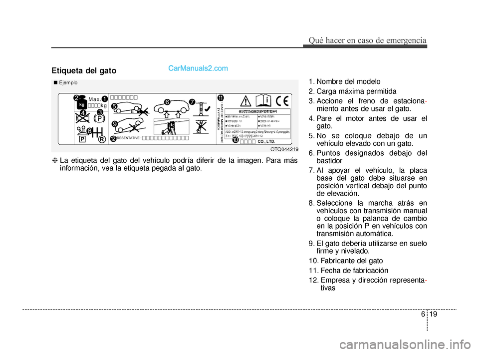 Hyundai Santa Fe Sport 2018  Manual del propietario (in Spanish) 619
Qué hacer en caso de emergencia
Etiqueta del gato
1. Nombre del modelo
2. Carga máxima permitida
3. Accione el freno de estaciona-
miento antes de usar el gato.
4. Pare el motor antes de usar el
