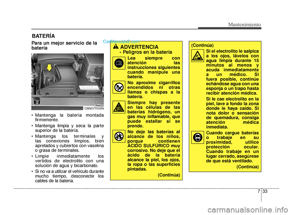 Hyundai Santa Fe Sport 2018 Manual del propietario (in Spanish) 733
Mantenimiento
BATERÍA
Para un mejor servicio de la
batería
Mantenga la batería montadafirmemente.
Mantenga limpia y seca la parte superior de la batería.
Mantenga los terminales y las cone Hyundai Santa Fe Sport 2018 Manual del propietario (in Spanish) 733
Mantenimiento
BATERÍA
Para un mejor servicio de la
batería
Mantenga la batería montadafirmemente.
Mantenga limpia y seca la parte superior de la batería.
Mantenga los terminales y las cone