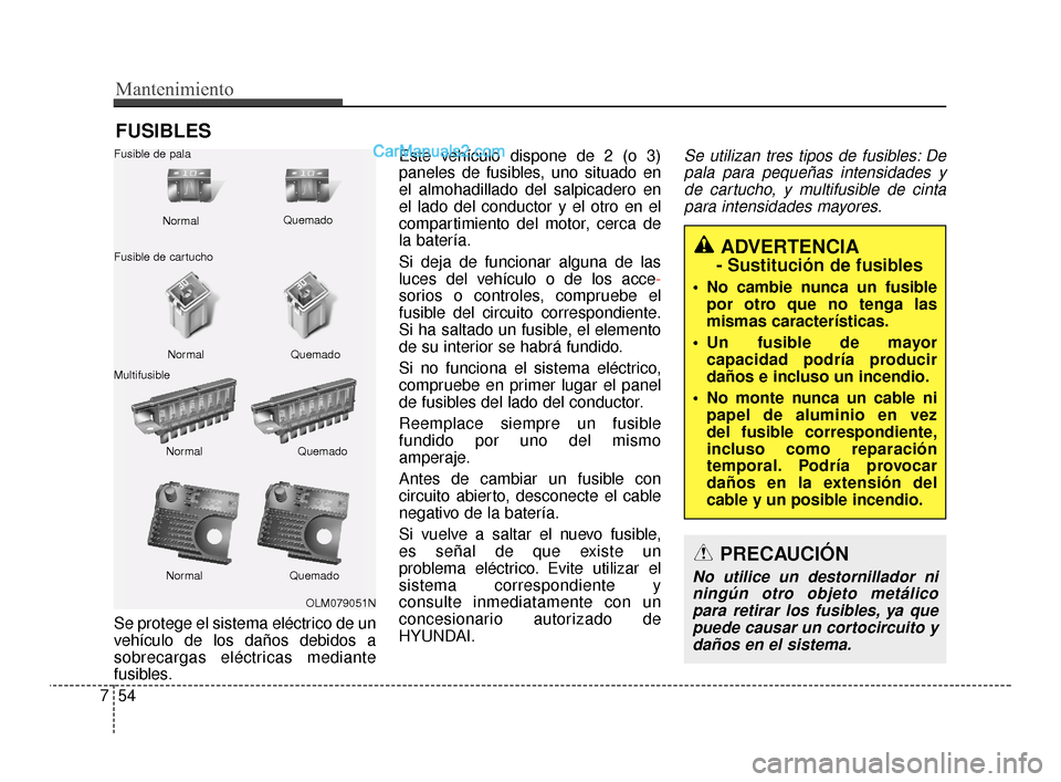 Hyundai Santa Fe Sport 2018 Manual del propietario (in Spanish) Mantenimiento
54
7
FUSIBLES
Se protege el sistema eléctrico de un
vehículo de los daños debidos a
sobrecargas eléctricas mediante
fusibles. Este vehículo dispone de 2 (o 3)
paneles de fusibles, u Hyundai Santa Fe Sport 2018 Manual del propietario (in Spanish) Mantenimiento
54
7
FUSIBLES
Se protege el sistema eléctrico de un
vehículo de los daños debidos a
sobrecargas eléctricas mediante
fusibles. Este vehículo dispone de 2 (o 3)
paneles de fusibles, u