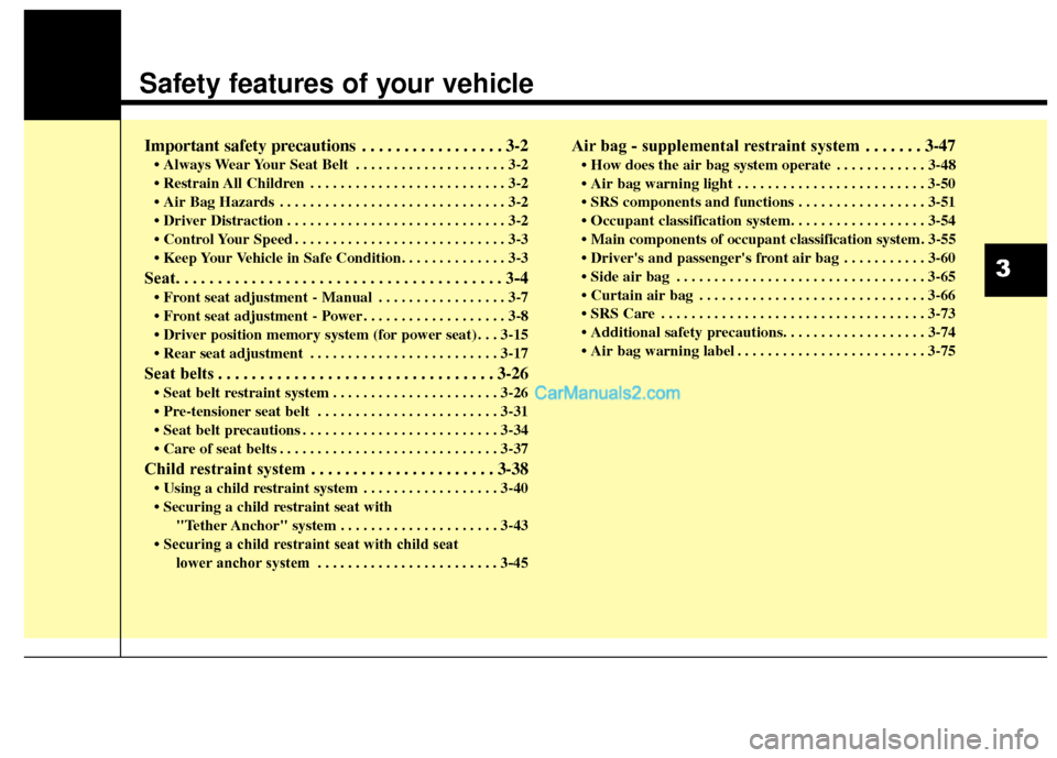Hyundai Santa Fe Sport 2017  Owners Manual Safety features of your vehicle
Important safety precautions . . . . . . . . . . . . . . . . . 3-2
• Always Wear Your Seat Belt . . . . . . . . . . . . . . . . . . . . 3-2
•  Restrain All Children