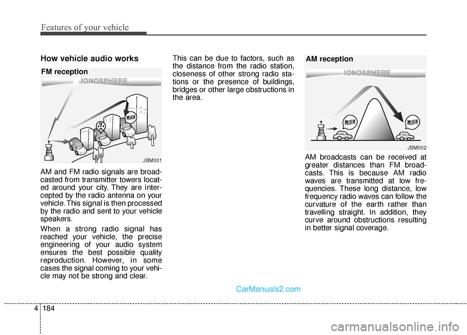 Hyundai Santa Fe Sport 2017 Owners Manual Features of your vehicle
184
4
How vehicle audio works
AM and FM radio signals are broad-
casted from transmitter towers locat-
ed around your city. They are inter-
cepted by the radio antenna on your Hyundai Santa Fe Sport 2017 Owners Manual Features of your vehicle
184
4
How vehicle audio works
AM and FM radio signals are broad-
casted from transmitter towers locat-
ed around your city. They are inter-
cepted by the radio antenna on your