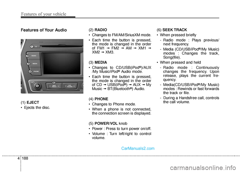 Hyundai Santa Fe Sport 2017 Owners Manual Features of your vehicle
188
4
Features of Your Audio
(1) EJECT
Ejects the disc. (2)
RADIO
Changes to FM/AM/SiriusXM mode.
Each time the button is pressed, the mode is changed in the order
of FM1 Hyundai Santa Fe Sport 2017 Owners Manual Features of your vehicle
188
4
Features of Your Audio
(1) EJECT
Ejects the disc. (2)
RADIO
Changes to FM/AM/SiriusXM mode.
Each time the button is pressed, the mode is changed in the order
of FM1