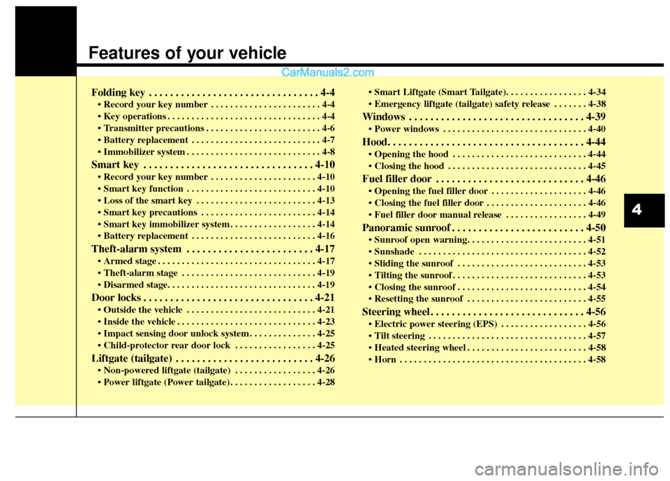 Hyundai Santa Fe Sport 2017  Owners Manual Features of your vehicle
Folding key . . . . . . . . . . . . . . . . . . . . . . . . . . . . . . . . 4-4
• Record your key number . . . . . . . . . . . . . . . . . . . . . . . 4-4
 . . . . . . . . .