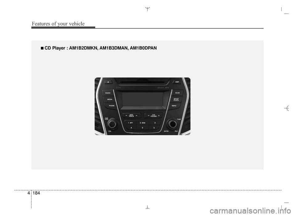 Hyundai Santa Fe Sport 2016  Owners Manual Features of your vehicle
184
4
■
■  
 CD Player : AM1B2DMKN, AM1B3DMAN, AM1B0DPAN
AN HMA 4C (169~AUDIO 1).QXP  6/25/2015  2:05 PM  Page 184 
