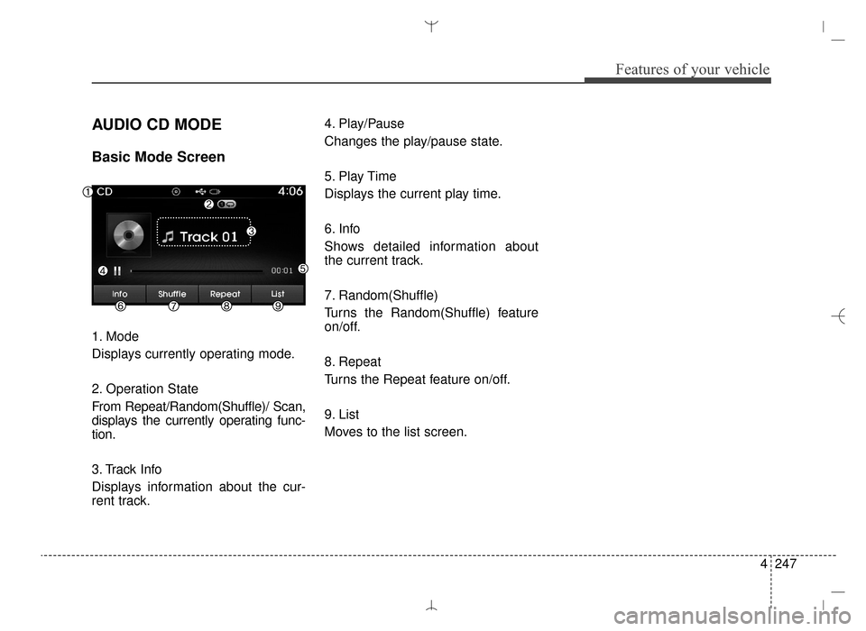 Hyundai Santa Fe Sport 2016  Owners Manual 4247
Features of your vehicle
AUDIO CD MODE
Basic Mode Screen
1. Mode
Displays currently operating mode.
2. Operation State
From Repeat/Random(Shuffle)/ Scan,
displays the currently operating func-
ti
