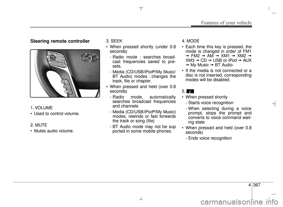 Hyundai Santa Fe Sport 2016 Owners Manual 4367
Features of your vehicle
Steering remote controller
1. VOLUME
Used to control volume.
2. MUTE
Mutes audio volume.3. SEEK
When pressed shortly (under 0.8
seconds)
- Radio mode : searches broad- Hyundai Santa Fe Sport 2016 Owners Manual 4367
Features of your vehicle
Steering remote controller
1. VOLUME
Used to control volume.
2. MUTE
Mutes audio volume.3. SEEK
When pressed shortly (under 0.8
seconds)
- Radio mode : searches broad-