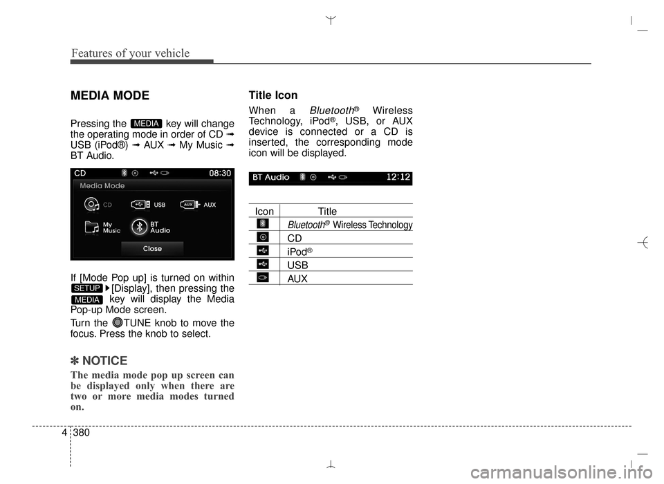 Hyundai Santa Fe Sport 2016  Owners Manual Features of your vehicle
380
4
MEDIA MODE
Pressing the  key will change
the operating mode in order of CD ➟
USB (iPod®) ➟ AUX ➟My Music ➟
BT Audio.
If [Mode Pop up] is turned on within [Displ