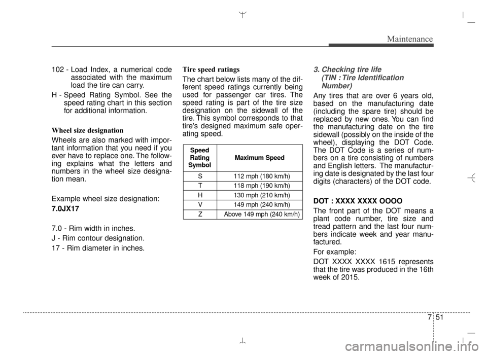 Hyundai Santa Fe Sport 2016  Owners Manual 751
Maintenance
102 - Load Index, a numerical codeassociated with the maximum
load the tire can carry.
H - Speed Rating Symbol. See the speed rating chart in this section
for additional information.
W