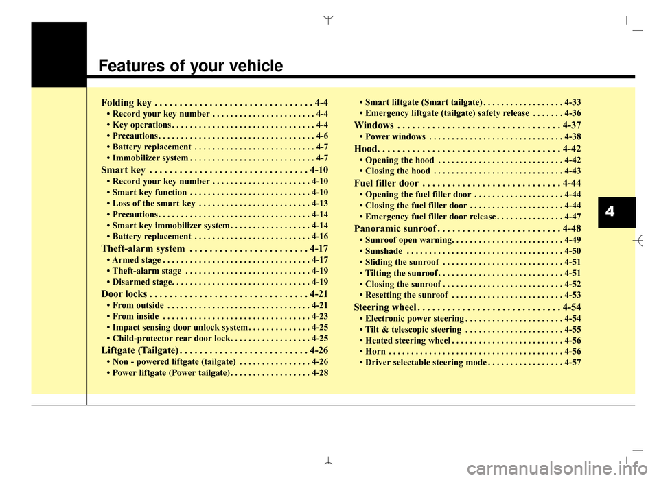 Hyundai Santa Fe Sport 2016  Owners Manual Features of your vehicle
Folding key . . . . . . . . . . . . . . . . . . . . . . . . . . . . . . . . 4-4
• Record your key number . . . . . . . . . . . . . . . . . . . . . . . 4-4
• Key operations