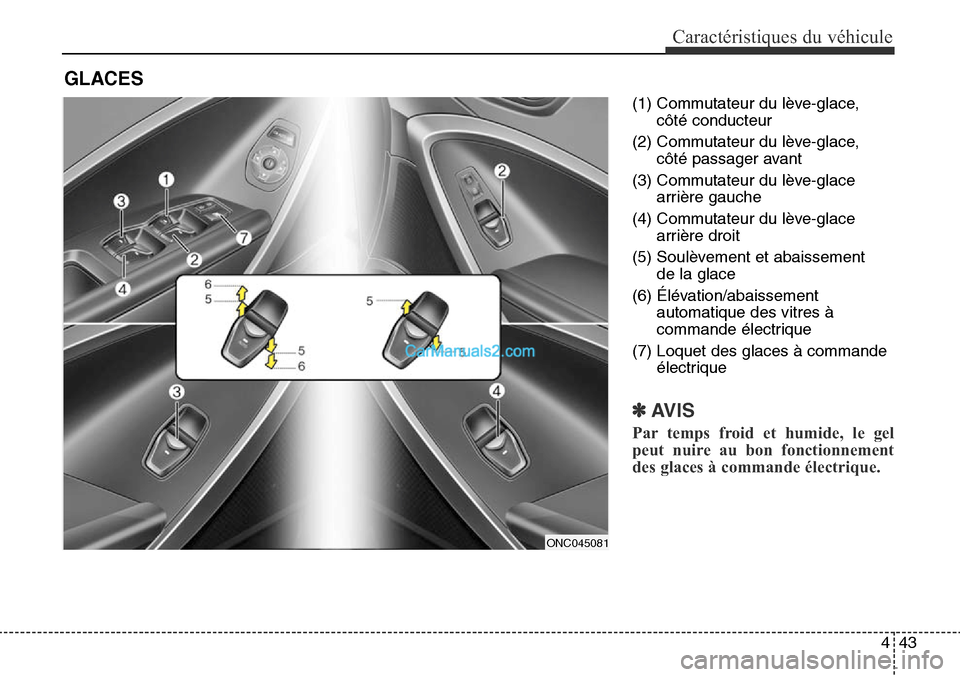 Hyundai Santa Fe Sport 2016  Manuel du propriétaire (in French) 443
Caractéristiques du véhicule
(1) Commutateur du lève-glace,côté conducteur
(2) Commutateur du lève-glace, côté passager avant
(3) Commutateur du lève-glace arrière gauche
(4) Commutateur