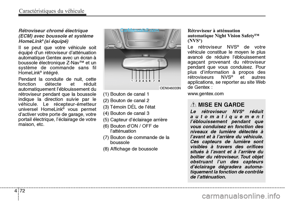 Hyundai Santa Fe Sport 2016 Manuel du propriétaire (in French) Caractéristiques du véhicule
72
4
Rétroviseur chromé électrique
(ECM) avec boussole et systèmeHomeLink
® (si équipé)
Il se peut que votre véhicule soit
équipé d’un rétroviseur d’atté Hyundai Santa Fe Sport 2016 Manuel du propriétaire (in French) Caractéristiques du véhicule
72
4
Rétroviseur chromé électrique
(ECM) avec boussole et systèmeHomeLink
® (si équipé)
Il se peut que votre véhicule soit
équipé d’un rétroviseur d’atté