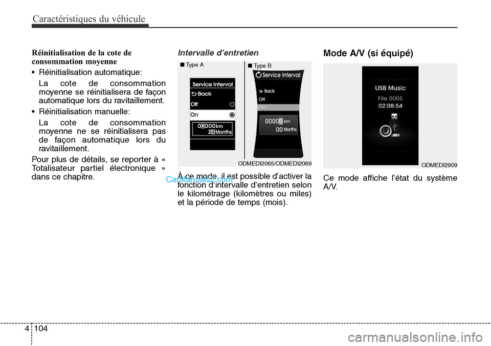 Hyundai Santa Fe Sport 2016  Manuel du propriétaire (in French) Caractéristiques du véhicule
104
4
Réinitialisation de la cote de
consommation moyenne
• Réinitialisation automatique:
La cote de consommation
moyenne se réinitialisera de façon
automatique lo