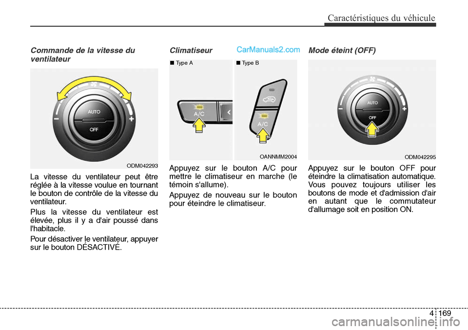 Hyundai Santa Fe Sport 2016  Manuel du propriétaire (in French) 4169
Caractéristiques du véhicule
Commande de la vitesse duventilateur
La vitesse du ventilateur peut être
réglée à la vitesse voulue en tournant
le bouton de contrôle de la vitesse du
ventilat