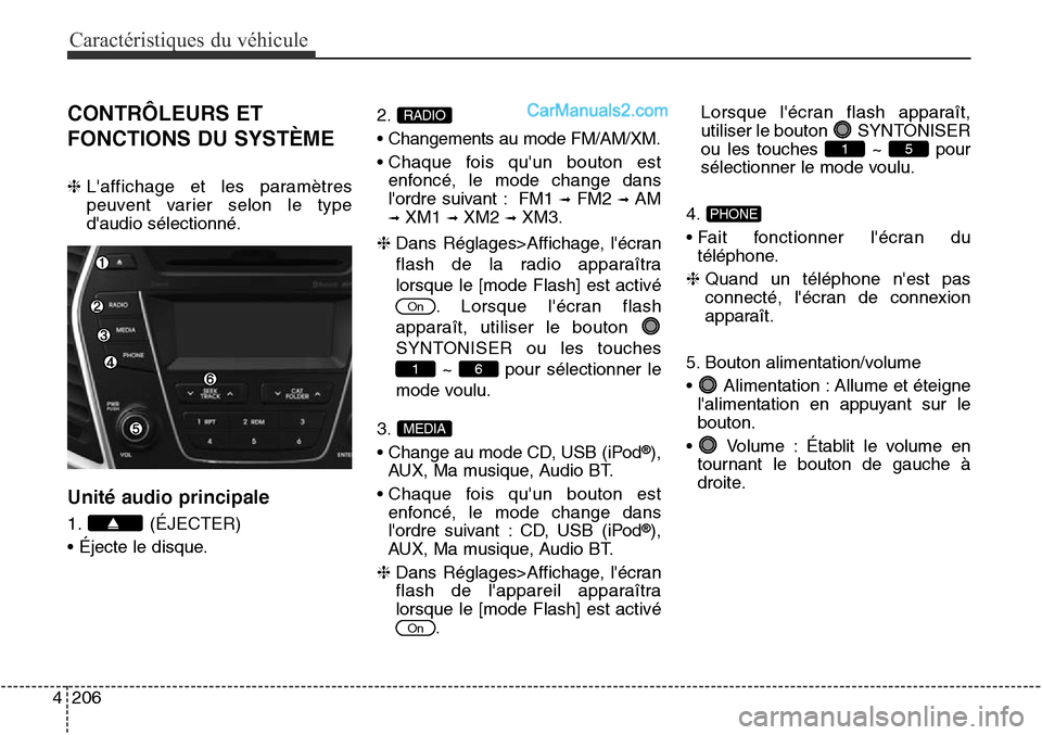Hyundai Santa Fe Sport 2016 Manuel du propriétaire (in French) Caractéristiques du véhicule
206
4
CONTRÔLEURS ET
FONCTIONS DU SYSTÈME
❈ Laffichage et les paramètres
peuvent varier selon le type
daudio sélectionné.
Unité audio principale
1. (ÉJECTER)
Hyundai Santa Fe Sport 2016 Manuel du propriétaire (in French) Caractéristiques du véhicule
206
4
CONTRÔLEURS ET
FONCTIONS DU SYSTÈME
❈ Laffichage et les paramètres
peuvent varier selon le type
daudio sélectionné.
Unité audio principale
1. (ÉJECTER)