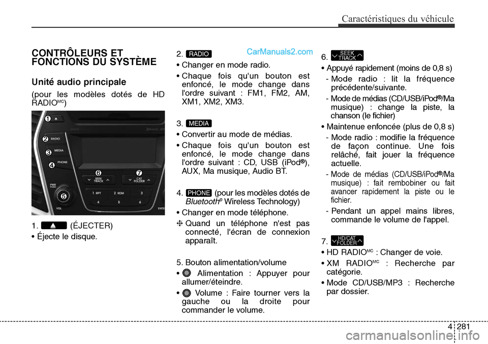 Hyundai Santa Fe Sport 2016 Manuel du propriétaire (in French) 4281
Caractéristiques du véhicule
CONTRÔLEURS ET
FONCTIONS DU SYSTÈME
Unité audio principale
(pour les modèles dotés de HD
RADIOMC)
1. (ÉJECTER)
• Éjecte le disque. 2.
• Changer en mode Hyundai Santa Fe Sport 2016 Manuel du propriétaire (in French) 4281
Caractéristiques du véhicule
CONTRÔLEURS ET
FONCTIONS DU SYSTÈME
Unité audio principale
(pour les modèles dotés de HD
RADIOMC)
1. (ÉJECTER)
• Éjecte le disque. 2.
• Changer en mode