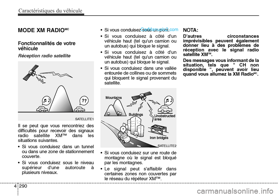 Hyundai Santa Fe Sport 2016 Manuel du propriétaire (in French) Caractéristiques du véhicule
290
4
MODE XM RADIOMC
Fonctionnalités de votre
véhicule
Réception radio satellite
Il se peut que vous rencontriez des
difficultés pour recevoir des signaux
radio sat Hyundai Santa Fe Sport 2016 Manuel du propriétaire (in French) Caractéristiques du véhicule
290
4
MODE XM RADIOMC
Fonctionnalités de votre
véhicule
Réception radio satellite
Il se peut que vous rencontriez des
difficultés pour recevoir des signaux
radio sat