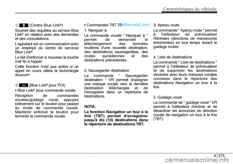Hyundai Santa Fe Sport 2016  Manuel du propriétaire (in French) 4375
Caractéristiques du véhicule
➀(Centre Blue Link®)
Soumet des requêtes au service Blue
Link
®en relation avec des demandes
et des consultations.
Lappelant est en communication avec
un empl
