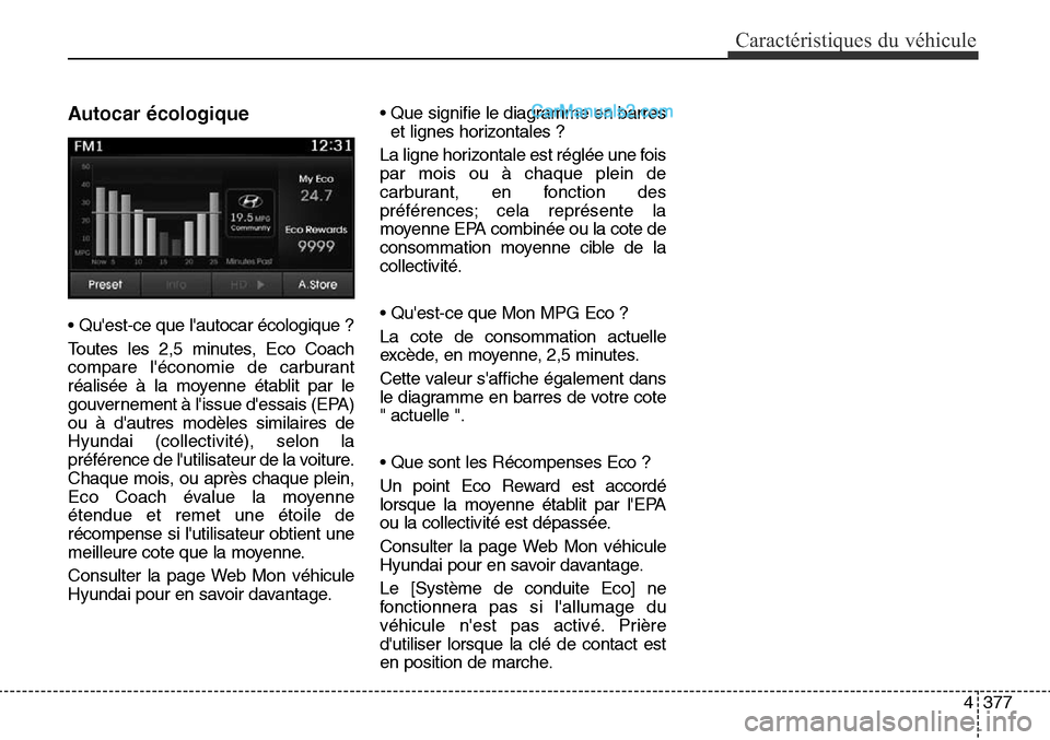 Hyundai Santa Fe Sport 2016 Manuel du propriétaire (in French) 4377
Caractéristiques du véhicule
Autocar écologique
• Quest-ce que lautocar écologique ?
Toutes les 2,5 minutes, Eco Coach
compare léconomie de carburant
réalisée à la moyenne établit p Hyundai Santa Fe Sport 2016 Manuel du propriétaire (in French) 4377
Caractéristiques du véhicule
Autocar écologique
• Quest-ce que lautocar écologique ?
Toutes les 2,5 minutes, Eco Coach
compare léconomie de carburant
réalisée à la moyenne établit p