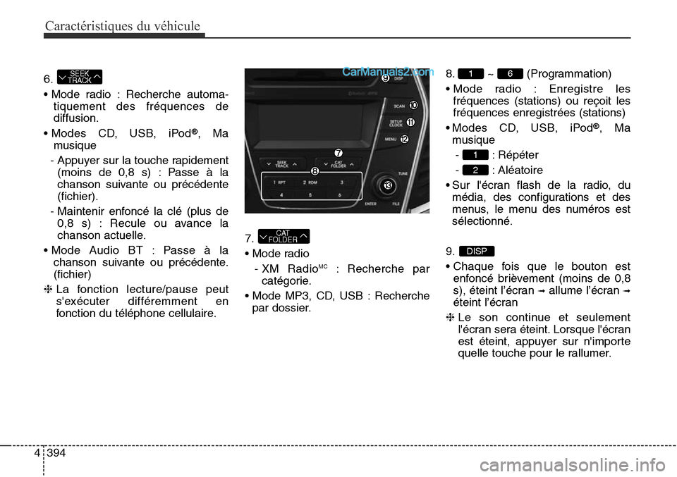 Hyundai Santa Fe Sport 2016 Manuel du propriétaire (in French) Caractéristiques du véhicule
394
4
6.
• Mode radio : Recherche automa -
tiquement des fréquences de
diffusion.
• Modes CD, USB, iPod
®, Ma
musique
- Appuyer sur la touche rapidement (moins de Hyundai Santa Fe Sport 2016 Manuel du propriétaire (in French) Caractéristiques du véhicule
394
4
6.
• Mode radio : Recherche automa -
tiquement des fréquences de
diffusion.
• Modes CD, USB, iPod
®, Ma
musique
- Appuyer sur la touche rapidement (moins de