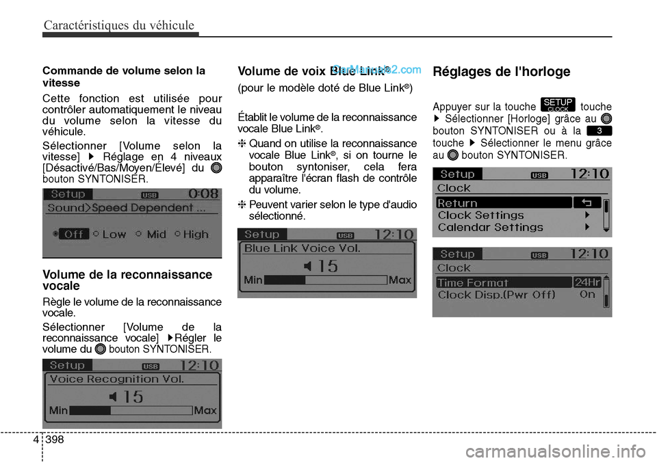 Hyundai Santa Fe Sport 2016  Manuel du propriétaire (in French) Caractéristiques du véhicule
398
4
Commande de volume selon la
vitesse
Cette fonction est utilisée pour
contrôler automatiquement le niveau
du volume selon la vitesse du
véhicule.
Sélectionner [