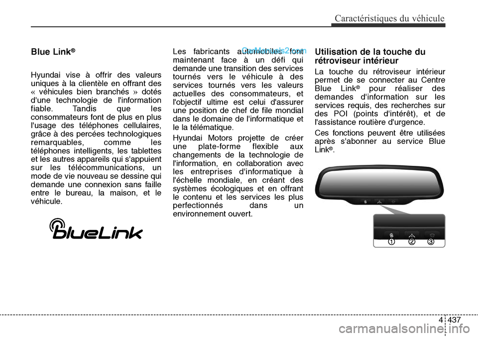 Hyundai Santa Fe Sport 2016 Manuel du propriétaire (in French) 4437
Caractéristiques du véhicule
Blue Link®
Hyundai vise à offrir des valeurs
uniques à la clientèle en offrant des
« véhicules bien branchés »dotés
dune technologie de linformation
fiab Hyundai Santa Fe Sport 2016 Manuel du propriétaire (in French) 4437
Caractéristiques du véhicule
Blue Link®
Hyundai vise à offrir des valeurs
uniques à la clientèle en offrant des
« véhicules bien branchés »dotés
dune technologie de linformation
fiab