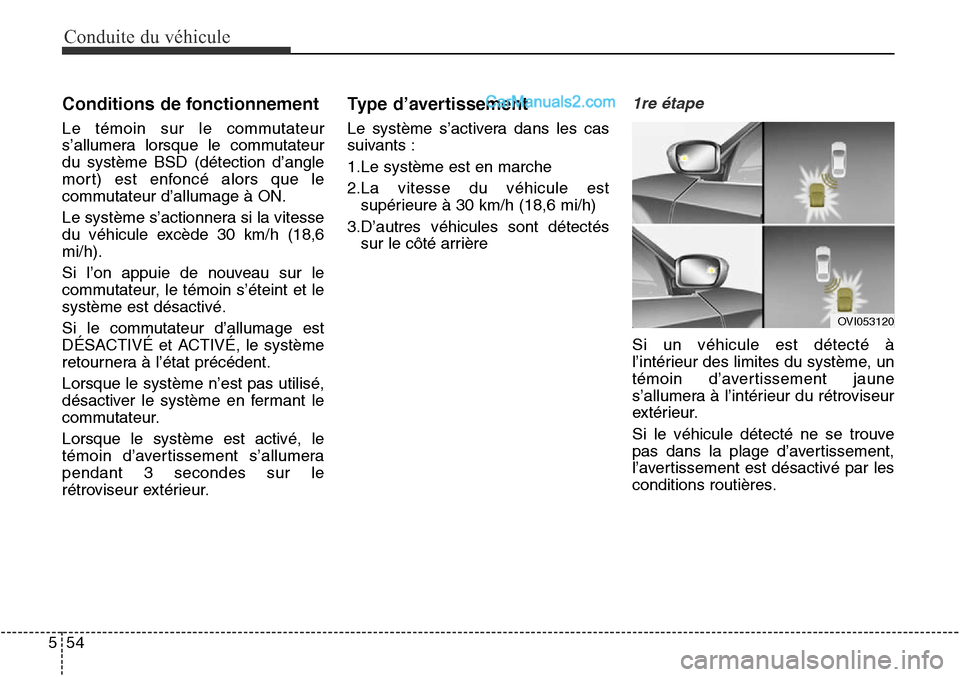 Hyundai Santa Fe Sport 2016 Manuel du propriétaire (in French) Conduite du véhicule
54
5
Conditions de fonctionnement
Le témoin sur le commutateur
s’allumera lorsque le commutateur
du système BSD (détection d’angle
mort) est enfoncé alors que le
commutat Hyundai Santa Fe Sport 2016 Manuel du propriétaire (in French) Conduite du véhicule
54
5
Conditions de fonctionnement
Le témoin sur le commutateur
s’allumera lorsque le commutateur
du système BSD (détection d’angle
mort) est enfoncé alors que le
commutat