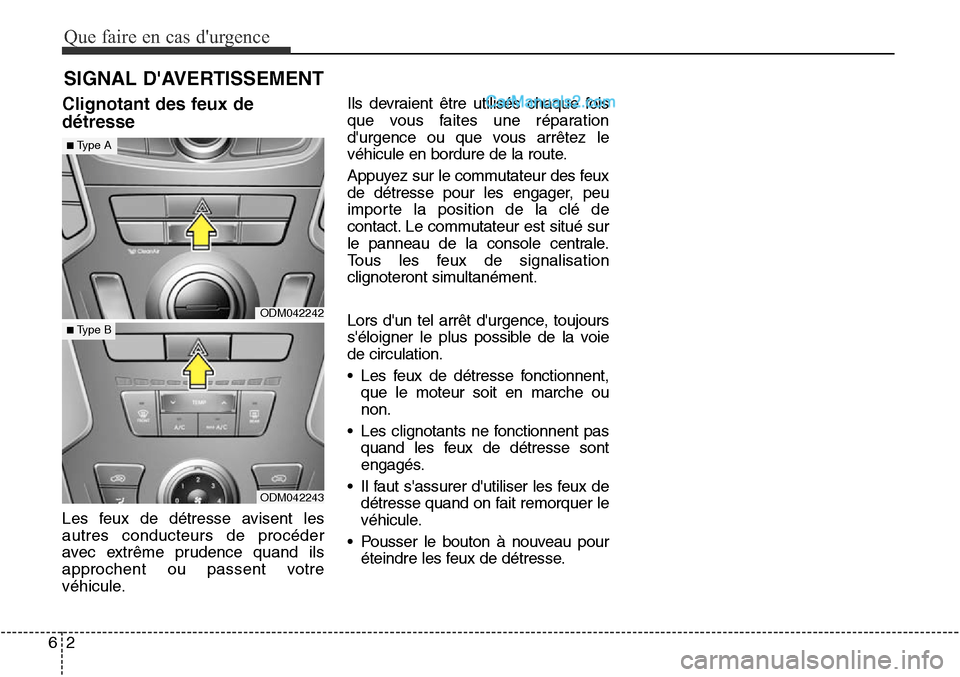 Hyundai Santa Fe Sport 2016 Manuel du propriétaire (in French) Que faire en cas durgence
26
SIGNAL DAVERTISSEMENT
Clignotant des feux de
détresse
Les feux de détresse avisent les
autres conducteurs de procéder
avec extrême prudence quand ils
approchent ou p Hyundai Santa Fe Sport 2016 Manuel du propriétaire (in French) Que faire en cas durgence
26
SIGNAL DAVERTISSEMENT
Clignotant des feux de
détresse
Les feux de détresse avisent les
autres conducteurs de procéder
avec extrême prudence quand ils
approchent ou p