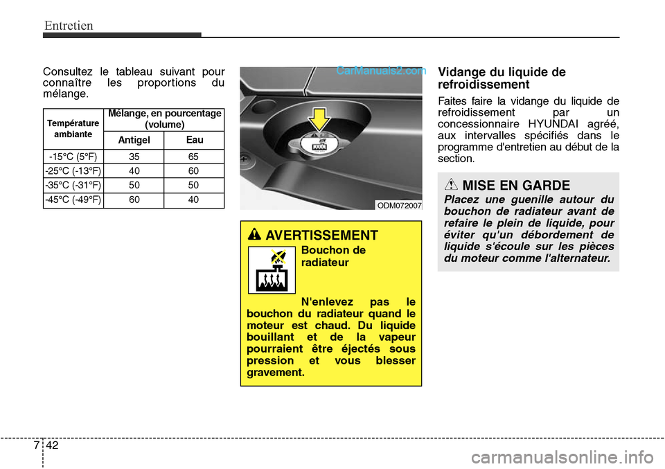 Hyundai Santa Fe Sport 2016  Manuel du propriétaire (in French) Entretien
42
7
Consultez le tableau suivant pour
connaître les proportions du
mélange.Vidange du liquide de
refroidissement
Faites faire la vidange du liquide de
refroidissement par un
concessionnai